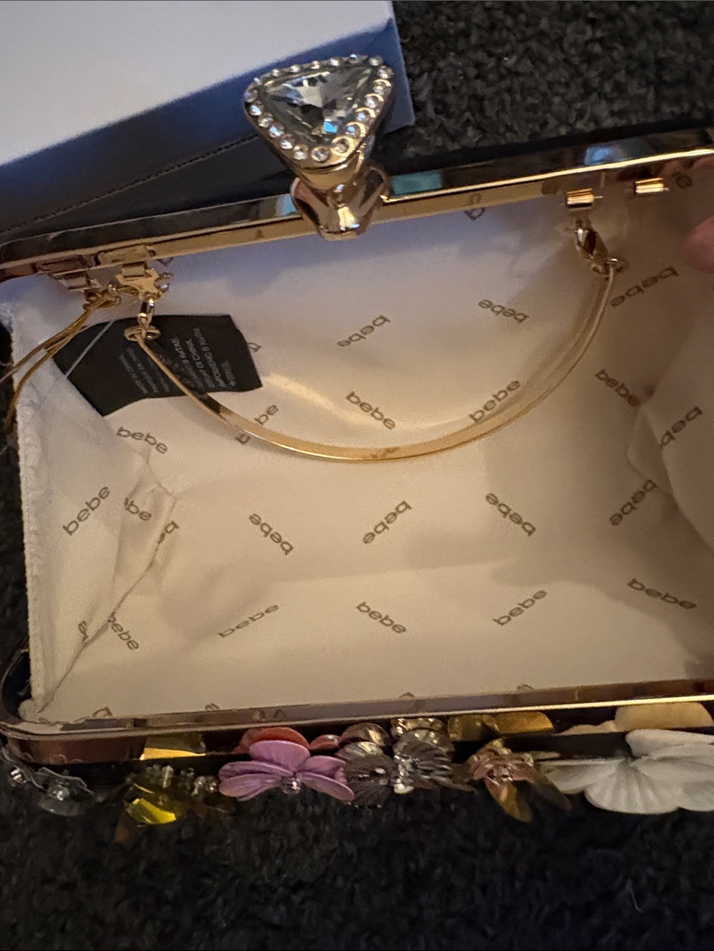 NEW BEBE  Multicolor Floral Sequin Embellished Evening Clutch with Gold Handle - Picture 12 of 14